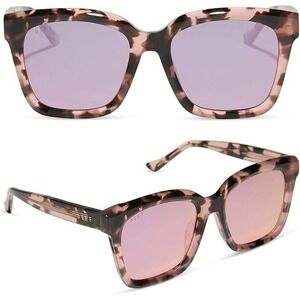 DIFF Eyewear Bella Tortoise Pink Mirrored Lens Square Sunglasses Women